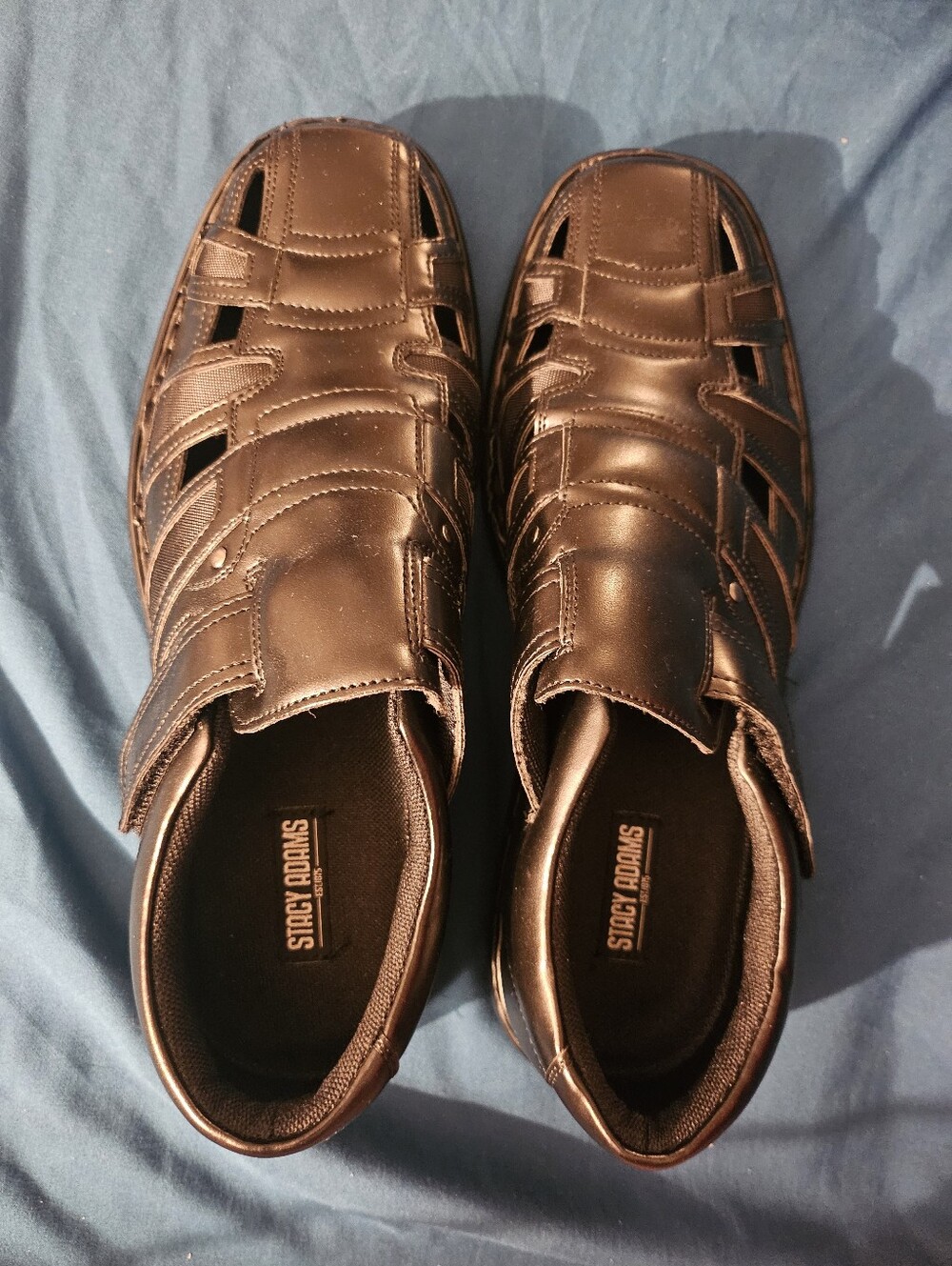 Stacy Adams Black Leather‎ Fisherman-Style Sandals with Hook-and-Loop Strap 10m